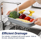 Extendable Sink Colander Strainer Basket - Wash Vegetables and Fruits, Drain Cooked Pasta and Dry Dishes - Adjustable Over the Sink Colander Collapsible Drainer Basket -Gray