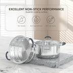 SUNHOUSE - 3.1 Quart Steamer Pots with Lid 2-Tier Multipurpose Stainless Steel Steaming Pot Cookware with Handle for Vegetable, Dumpling, Sauce, Food - Triple Bottom, Measurement Line