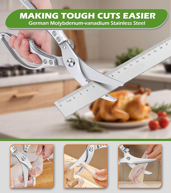 Poultry Shears – Heavy Duty Kitchen Shears & Multipurpose Kitchen Scissors for Meat, Chicken, Fish & Vegetables, High Carbon Stainless Steel, Safety Lock, Dishwasher Safe