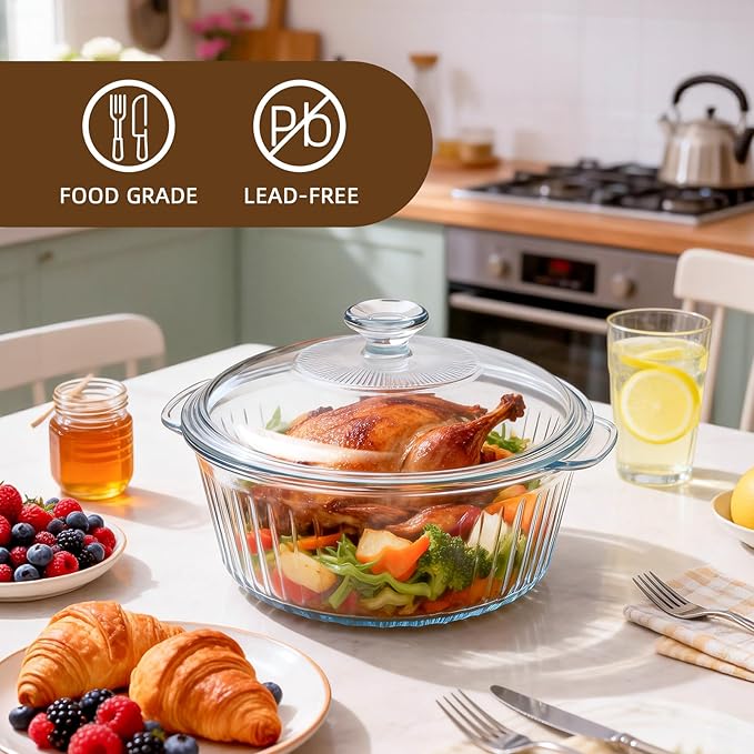 Luvan 2.4L/2.5Qt Round Glass Casserole Dish with Lid, Clear Baking Dish with Handles for Baking, Cooking & Serving, High Borosilicate Lead-Free Glass cookware, Oven, Microwave, Freezer & Dishwasher Safe