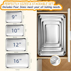 CEKEE Baking Sheet Set of 4, Stainless Steel Cookie Sheets for Baking, 0.8mm Heavy Duty Nonstick Baking Pans, 9/10/12/16 Inch Baking Trays for Oven, Non Toxic & Mirror Finish & Easy Clean