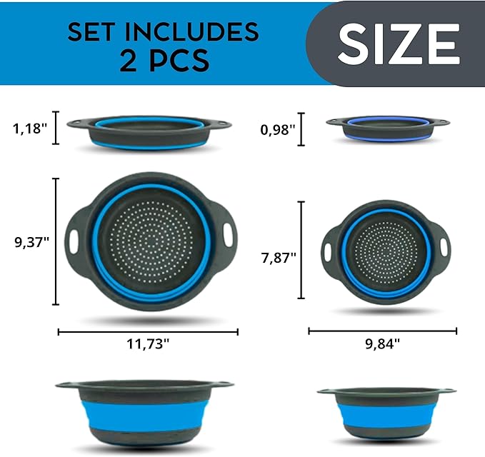 Blue Kitchen Strainer Colander Set - 2 PCS Collapsible Strainer Colander with Plastic Handles Silicone Food Grade Tools for Kitchen for Pasta and Spaghetti Multifunctional