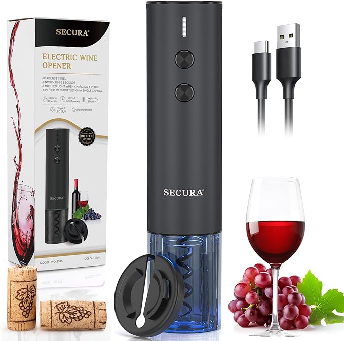Secura Stainless Steel Electric Wine Opener, Rechargeable Automatic Wine Bottle Opener with Foil Cutter & Charging Cable, Reusable Corkscrew Wine Opener Electric for Home Party Bar Outdoor, Black