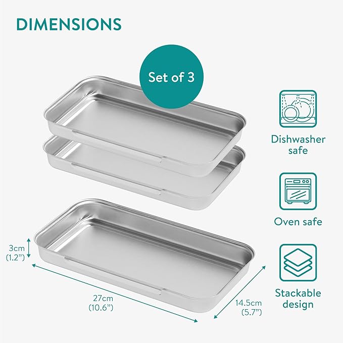Navaris Stainless Steel Breading Trays, Set of 3 - Interlocking & Stackable Tray Design - 27x15cm Baking and Cooking Sheets - Oven and Dishwasher Ready for Versatile Kitchen Use