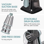 Rotary Cheese Grater with Handle Kitchen Shredder Slicer Grater Slicer Ice Shaver Cheese Vegetable Nuts Potato Zucchini Chocolate 3 Interchangeable Blades (GreyBlue