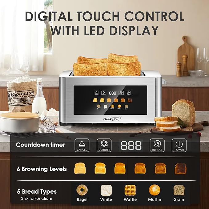 Geek Chef Toaster 4 Slice, 1.5" Touch Screen Extra Wide Slots for Bagels & Waffles, 6 Browning Levels, Timer, Reheat, Defrost, Cancel Function, Auto Shut-Off, Removable Crumb Tray, Stainless Steel