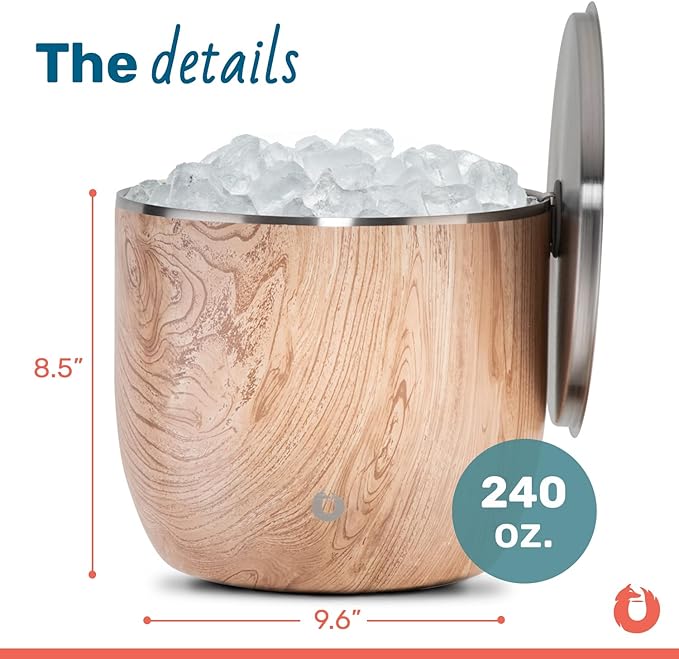 Snowfox XL - Insulated Ice Bucket with Lid/Scoops, Premium Vacuum Insulated Stainless Steel Ice Buckets for Parties, Ice Box, Home Bar Accessories, Parties Supplies, Bar Decor, 7L, Natural Teak