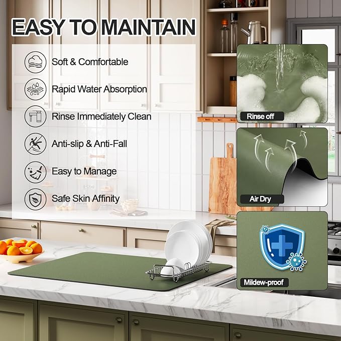 Ecotrim - Dish Drying Mat for Kitchen Counter | Coffee Bar Mat for Countertops | Heat Resistant Drainer Mat with Non-slip Rubber Backed | Hide Stain Kitchen Absorbent Draining Mat | Green 16"x20"