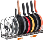Toplife Pots and Pans Organizer Rack for Cabinet and Countertop, 10+ Pot Lids, Bakeware and Cookware Organizer Rack Holder with 10 Adjustable Compartments - Brown