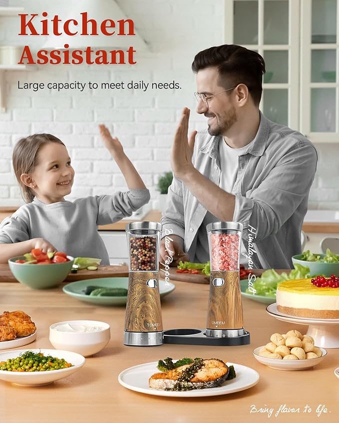 Electric Salt and Pepper Grinder Set with Storage Base, Stainless Steel Rechargeable Salt and Pepper Grinder Set with 4.5 oz Large Capacity, 1.8" Wide Mouth, Adjustable Coarseness, Ideal for Kitchen