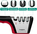 Longzon 5-in-1 Knife Sharpener 4 Stage with Cut-Resistant Glove, Quickly Sharpens & Restores Dull Blades, Easy & Safe for Home Kitchen Use, Fits Most Knives and Scissors, Black+Red