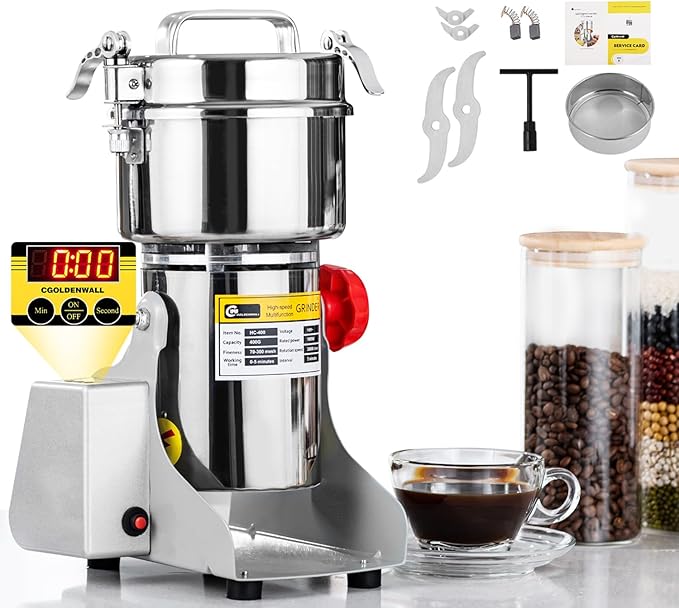 CGOLDENWALL 800g LED Display Grain Mill Grinder Electric Spice Herb Grinder Stainless Steel Pulverizer for Dry Spices Herbs Grains Coffee Seeds Rice Corn Pepper 110V