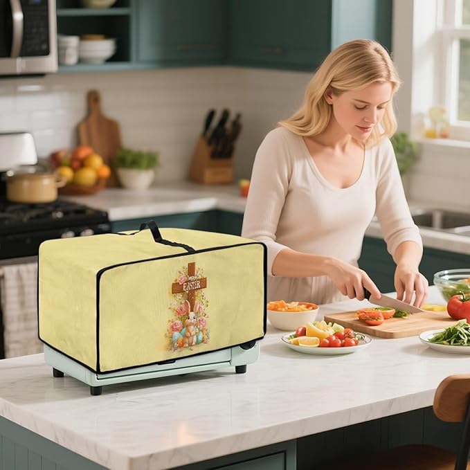 Easter Egg Bunny Cross Print Toaster Oven Cover for Kitchen Countertop Decor, Easter Kitchen Small Appliance Dust Cover Microwave Oven Protector, Yellow, (Small-14.5*18.46*9 inches)