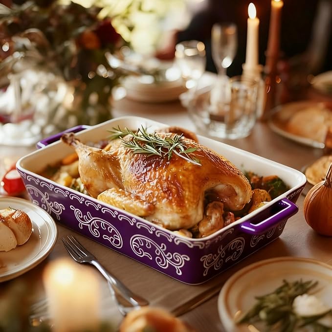 Domini Casserole Dishes for Oven, Ceramic Baking Dishes for Oven Set of 3, Lasagna Pan Deep, Baking Pan Set Square Casserole Dish Set with Handles for Baking, Pattern Purple(14.6+11.4+8.5inch)Christmas