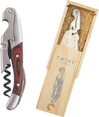 Twine Double Hinged Waiters Corkscrew Wine Opener in Wooden Gift Box, Durable Stainless Steel with Built-in Bottle Opener and Foil Cutter for Home Bar, Kitchen, Travel, Gifts for Wine Lovers, Set of 1
