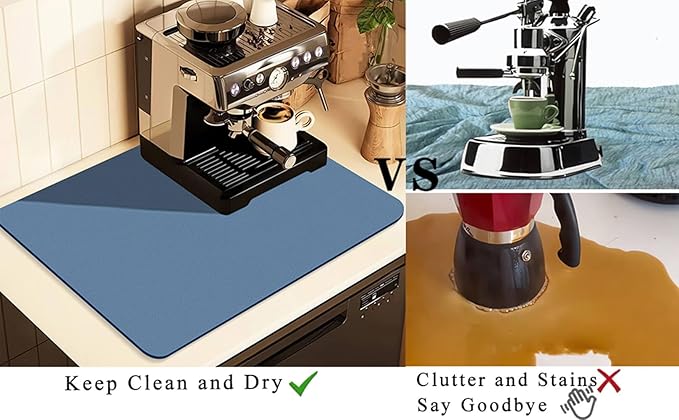 Coffee Mat for Countertops ,Coffee Bar Accessories Fit Under Coffee Maker Espresso Machine, Absorbent Hide Stain Rubber Mat for Countertop ,Dish Drying Mat for Kitchen Counter (Blue, 17"x31.5")