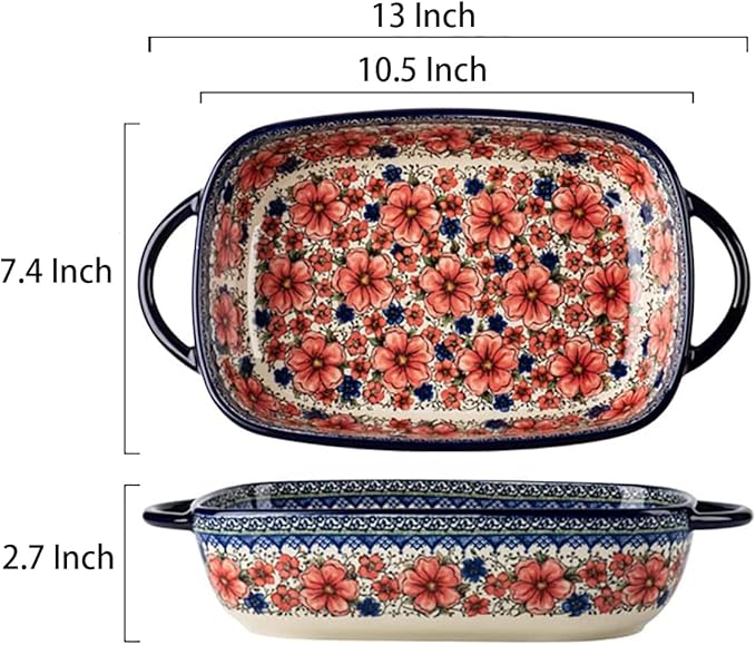 Vintage Style Pottery Bakeware Ceramic Casserole Dish Baking Pan Lasagna Pans Baking Dish with Handles for Oven/Cooking/Kitchen-1 PCS, Large Capacity, 60 OZ