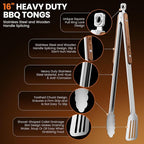 16-Inch Grill Tongs - Extra Long BBQ Tongs with Wood Handles - Heavy Duty Heat Resistant Barbecue Tong Stainless Steel Metal Tong for Cooking, Grill, Grilling, Charcoal, BBQ, Barbecue, Serving