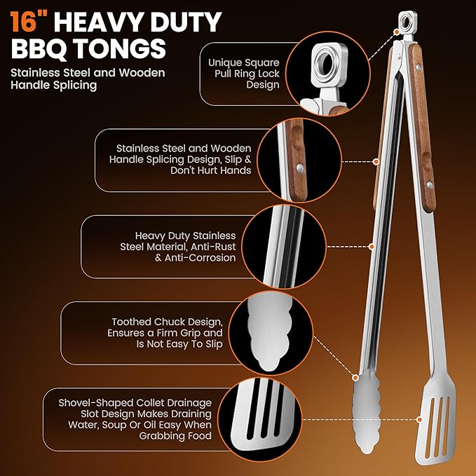 16-Inch Grill Tongs - Extra Long BBQ Tongs with Wood Handles - Heavy Duty Heat Resistant Barbecue Tong Stainless Steel Metal Tong for Cooking, Grill, Grilling, Charcoal, BBQ, Barbecue, Serving