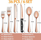 36 Pcs Rose Gold Silverware Set with Steak Knives Service for 6,Stainless Steel Flatware Set,Mirror Polished Cutlery Utensil Set, Kitchen Eating Tableware,Include Fork Knife Spoon Set,Dishwasher Safe