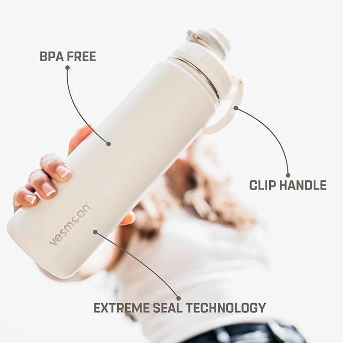 Vesmoon Vessence 32 Oz Stainless Steel Tea Infuser Bottle for Loose Leaf Tea, Water, Herbs, Fruits - Triple Layered Insulated, Leak Proof Bottle with Lid and Clip Handle - 24 Hours Hot/Cold