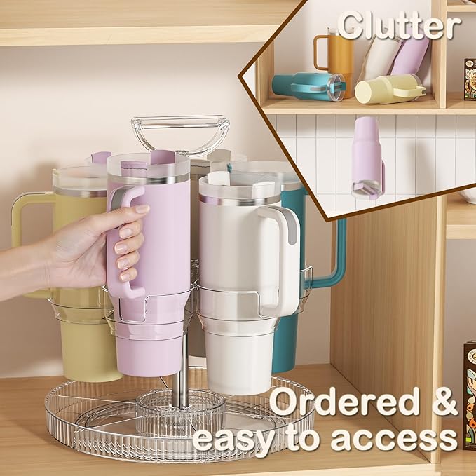 Rotating Coffee Bar Accessories Organizer, 2-Tier Lazy Susan Cup Holder for Stanley 40oz Tumbler with Handle, Countertop Drying Rack Station with Divided Tray for K-Cups, Snacks & Mugs