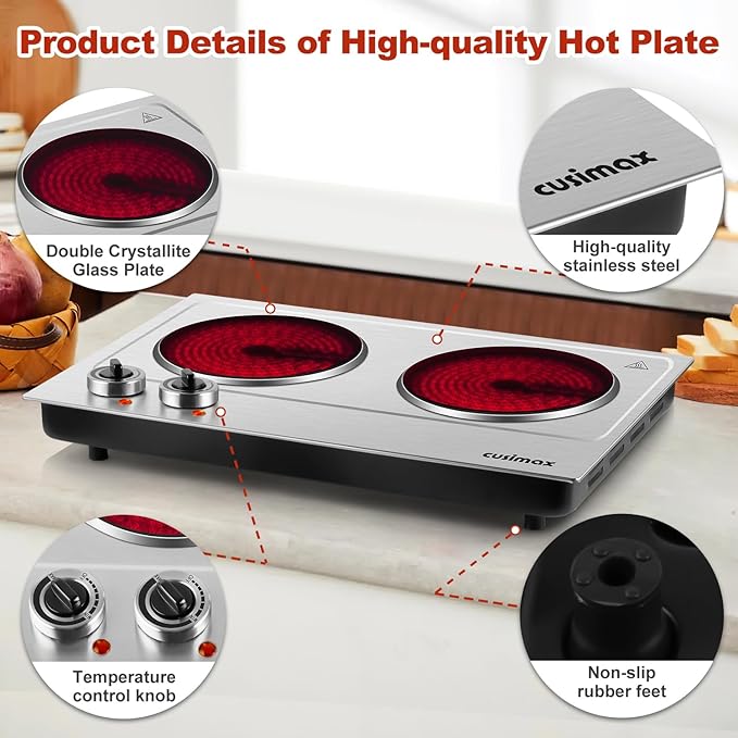 Hot Plate,CUSIMAX Portable Electric Hot Plates for Cooking,1800W Dual Infrared Burner with Adjustable Temperature Control,Electric Ceramic Glass Stove for Stainless Steel,Easy Clean for Home, Dorm, RV