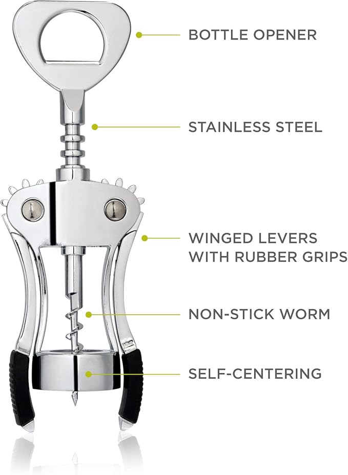 True Spiral Winged Corkscrew Wine Opener, Multi-Purpose Bottle Opener for Beers and Soft Drinks, Stainless Steel with Rubber Grip Wing Handle, for Bartenders, Home Bar, Kitchen, Restaurant, Silver