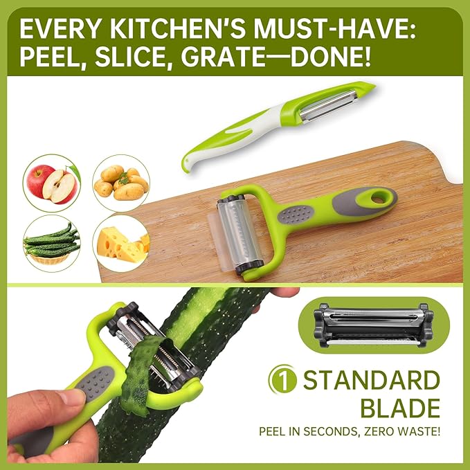 3 in 1 Vegetable Peelers for Kitchen – I & Y Peelers for Potatoes, Carrots, Apples, Cucumbers – Julienne, Slicer & Straight Blades – Sharp Stainless Steel, Non-Slip Handle