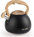 BELANKO 2.7 Quart Tea Kettle for Stovetops - Food Grade Stainless Steel Teapot with Loud Whistle, Cool-Touch Wood Pattern Handle, Rust-Resistant Whistling Kettle - Matte Black
