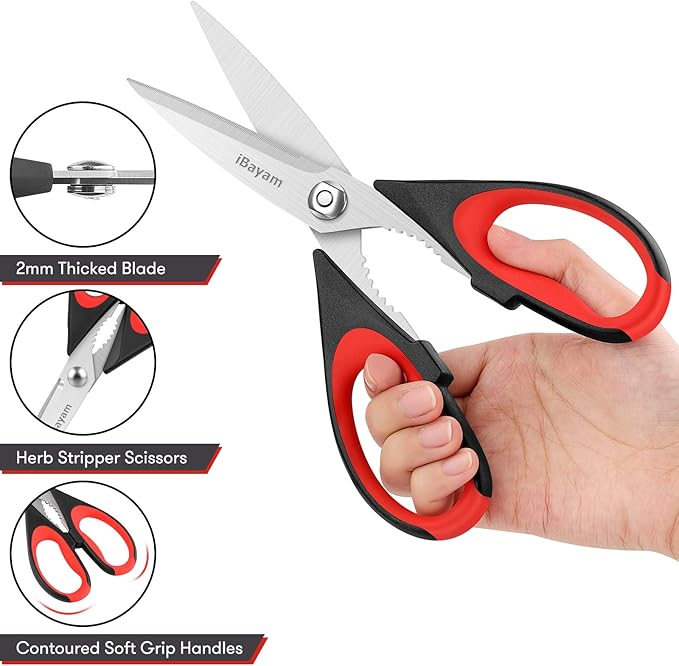 iBayam Kitchen Scissors All Purpose Heavy Duty 2 Pack with Protective Sheath, Stainless Steel Shears Kitchen Utensils Set for Cutting Food Cooking Meat Poultry Dishwasher Safe Soft Comfort-Grip