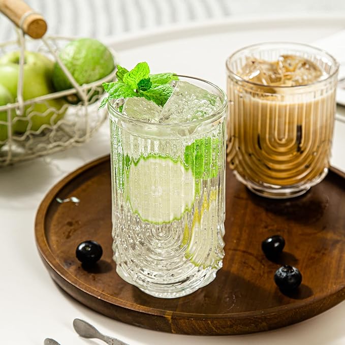 Ribbed Glassware Set of 8, 4 pcs Coffee Tumbler & 4 pcs Rocks Glass Cups, Durable Cocktails & Iced Coffee Cups, Versatile Drinkware for Juice, Smoothies, Whiskey, Wine, Elegant Glass Set for Women