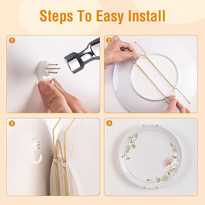 3 Pack Plate Hangers for The Wall, Suitable for 9-11 inch Art Plate, Stainless Steel Invisible Heavy Duty Wire Plate Holder with Wall Hooks, Plate Hangers for Displaying Plates, Platter, Dish, Gold