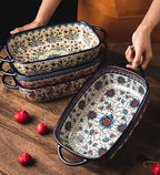 Red Daisy Flower Vintage Style Ceramic Bakeware Casserole Dish Baking Pan Lasagna Pans Baking Dish with Handles for Oven/Cooking/Kitchen-1 PCS, 60 OZ