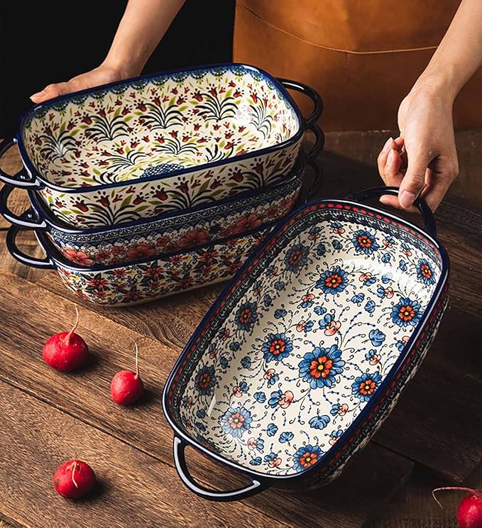 Red Daisy Flower Vintage Style Ceramic Bakeware Casserole Dish Baking Pan Lasagna Pans Baking Dish with Handles for Oven/Cooking/Kitchen-1 PCS, 60 OZ