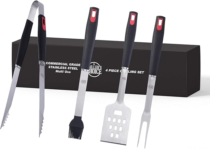 Grillers Choice -Grill Accessories for Outdoor Grill-4 pc -Grilling Tools. Commercial Professional Barbecue Set. Heavy Duty and Strong. BBQ Thongs, Fork, Spatula, Baster by Grillers Choice