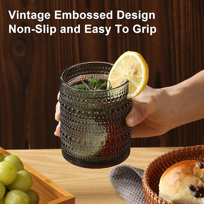 ZMOWIPDL Vintage Hobnail Drinking Glasses Set of 8,Grey 12 oz & 15oz Highball Glass Cups, Kitchen Drinkware Glassware,Embossed Water Tumbler,for Beer,Cocktail,Whiskey,Juice and Various Mixed Drinks