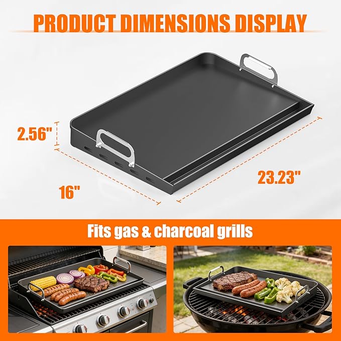 23" x 16" Cast Iron Nonstick Grill Griddle for Gas & Charcoal Grills, Flat Top BBQ Griddle Plate with Grease Groove & Removable Handle, Universal Fit for Outdoor & Home Cooking, Tailgating