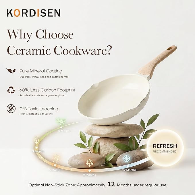Kordisen Ceramic Nonstick Frying Pan Skillet Set with Lid, 3 Piece Ceramic Pans for Cooking Non Toxic, Healthy Induction Cookware, Stay-Cool Handle, PFOA & PFAS Free (8 Inch, 9.5 Inch, 11 Inch)