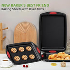 5-Piece Nonstick Baking Pans Set - Premium Carbon Steel Bakeware with PFOA/PFOS/PTFE-Free Coating, Red Silicone Handles (Black Red)