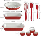 GOURMETEDGE 10-Piece Stackable Ceramic Bakeware Set - Ideal Mother's Day Gift, Non-Toxic Non-Stick Oven Safe, PFOA & PFOS Free, Includes Baking Dishes, Pie Plate, Ramekins & Silicone Tools (Red)
