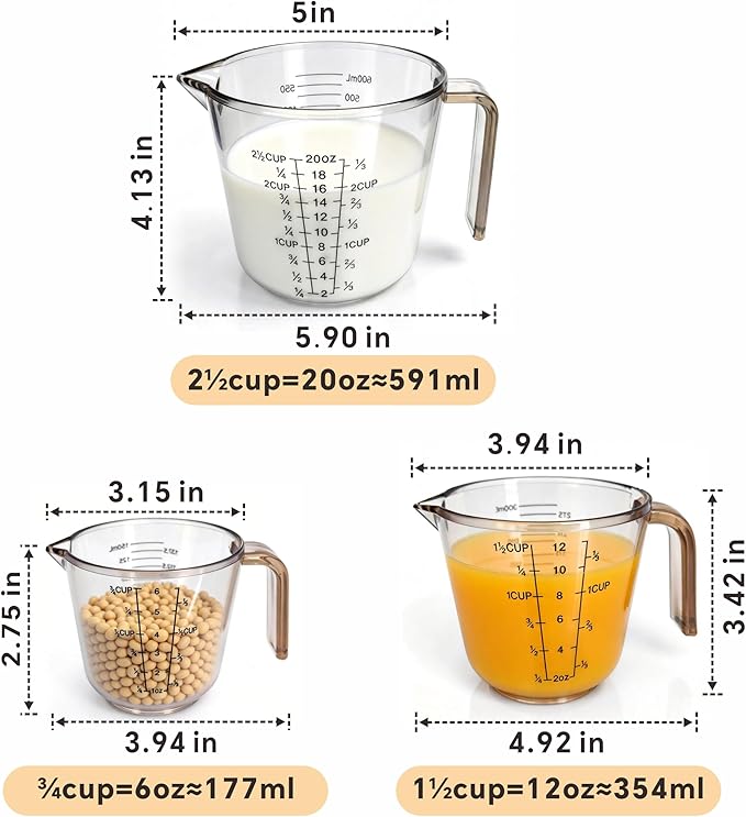 Plastic Measuring Cups Set, 3PCS with Pour Spout & Handle, Multi-Scale (cup | oz | ml) Stackable Liquid & Dry Measuring Tools for Baking Cooking, Essential Kitchen Gadgets (Coffee Brown)