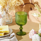 Reallnaive Green Glass Goblets Set of 8, 13 oz Vintage Goblet Glassware Decorative Wine Glasses, Cute Water Drinking Cups, Vertical Line Embossed Pattern Drinkware Cocktail Set for Xmas Gifts
