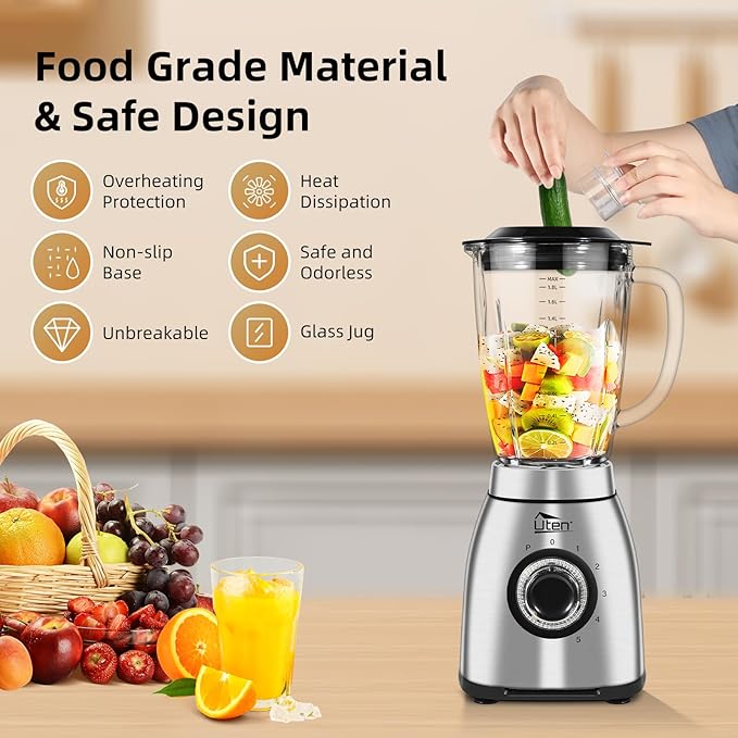 Uten 800 Watt Hight Speed Countertop Blender for Smoothies and Shakes, Ground Coffee Beans, 60 Oz Glass Jar, 5 Speed Settings and Pulse