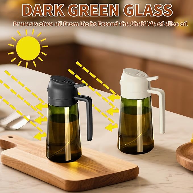 SWEET VIEW Olive Oil Dispenser and Oil Sprayer – 16oz/470ml Glass Light-Proof Oil Pourer for Kitchen, Air Fryer, Cooking, Salad, and BBQ