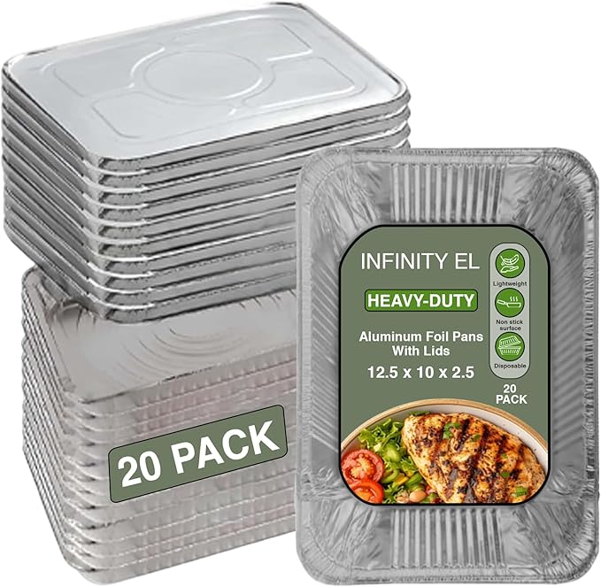 INFINITY EL Disposable Aluminum Foil Pans with Lids 20 Pack | Half 12.5" x 10" x 2.5" Deep Disposable Baking Pan | Heavy Duty Aluminum Pan for Roasting Turkey, Lasagna, Thanksgiving, Christmas, Party
