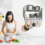 VyGrow 28 Inch Pot Rack Wall Mounted, 2 Tier Pots and Pans Organizer with 20 Hooks and 6 Pot Lid Holders, Heavy Duty Steel Pot and Pan Hanger for Kitchen Cookware Utensils Storage, Silver