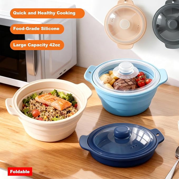 42oz Silicone Microwave Steamer For Vegetables, Cooker For Microwave with Handle & Lid, Collapsible Steam Pot, Heat-Resistant Cooker with Steam Holes, BPA Free, Dishwasher Safe (Green), 1 Pack