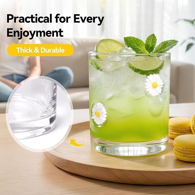 2 Pcs Handmade Daisy Icon Juice Glass Cup, Durable Heat-Resistant Glass, 14 oz Double Old Fashioned Drinking Glass Cup for Holiday Party Supplies Spring Gifts