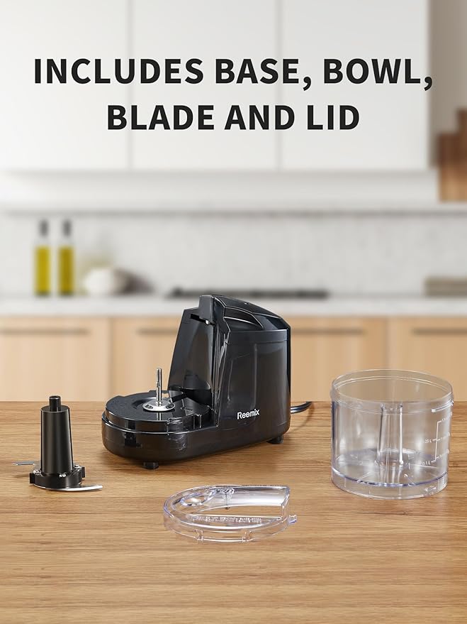 Reemix 1.5-Cup One-Touch Electric Food Chopper, 100W Mini Food Processor Meat Grinder, Mix, Chop, Mince and Blend Vegetables, Fruits, Nuts, Meats, Stainless Steel Blade (Black)
